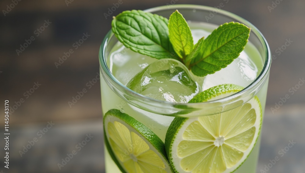 Refreshing Mojito Minty Lime Cocktail in Tall Glass with Ice Cubes Refreshing Mojito Minty Lime Cocktail in Tall Glass with Ice Cubes