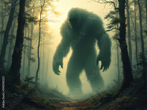 Misty forest with legendary Bigfoot photo