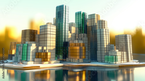 Abstract cityscape with glowing golden skyscrapers on a dark grid, evoking a futuristic, high-tech urban environment at night.
