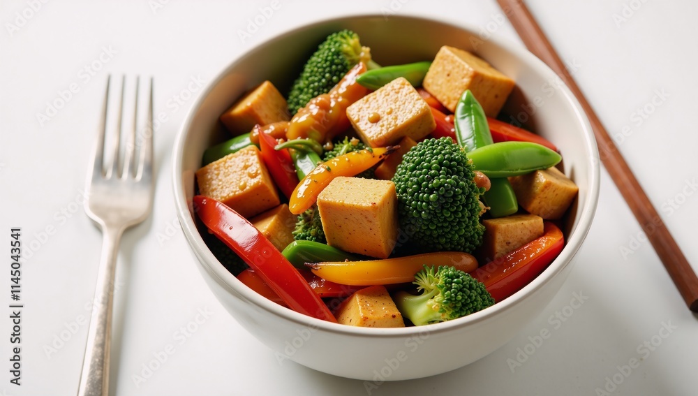 A colorful vegetarian stir-fry featuring tofu and vegetables like bell peppers broccoli and snap peas presented with chopsticks A colorful vegetarian stir-fry featuring tofu and vegetables like bell peppers broccoli and snap peas presented with chopsticks