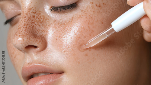 Skincare routine featuring serum application on a woman's face with freckles indoors