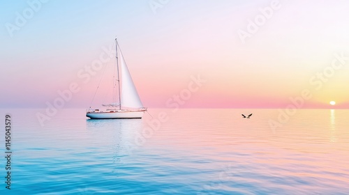 A white sailboat floats on a calm sea under a pastel pink and blue sunset sky.