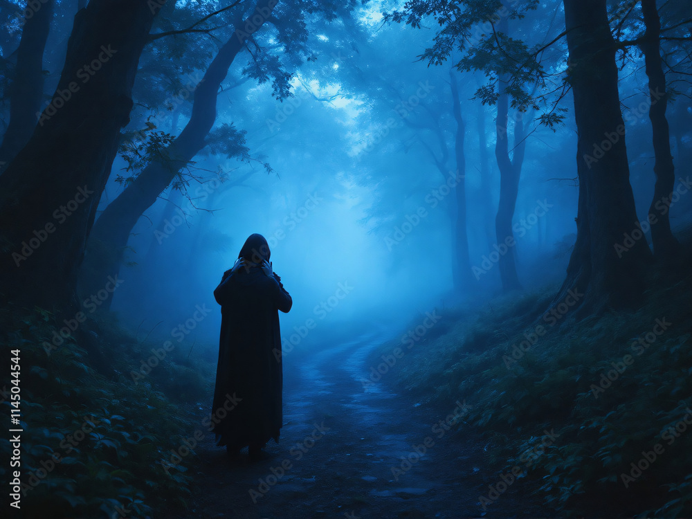 Fototapeta premium Hooded figure on foggy forest path at night.