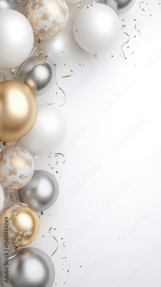 A colorful array of white and gold glitter balloons against a clean backdrop sets the perfect scene for festive invites or designs A colorful array of white and gold glitter balloons against a clean backdrop sets the perfect scene for festive invites or designs
