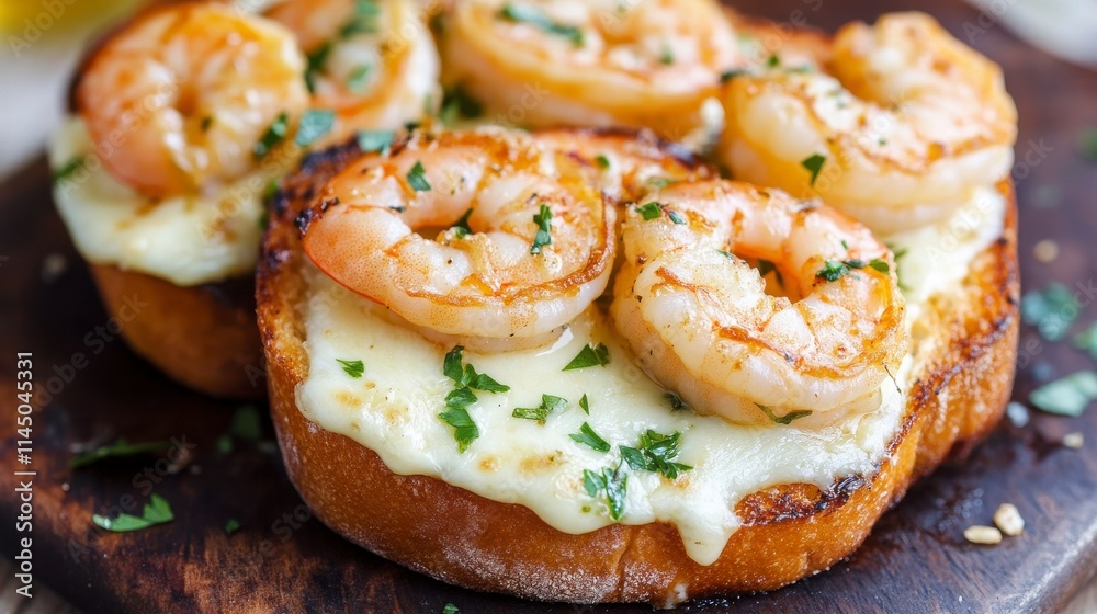 Grilled Shrimp Toast with Creamy Cheese and Fresh Herbs on a Rustic Wooden Table, Perfect for Appetizers or Gourmet Dishes at Home or Events Grilled Shrimp Toast with Creamy Cheese and Fresh Herbs on a Rustic Wooden Table, Perfect for Appetizers or Gourmet Dishes at Home or Events