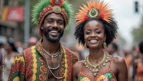 Dancers are smiling and celebrating west indian day parade in brooklyn, wearing vibrant and traditional costumes, , 1960s style photo