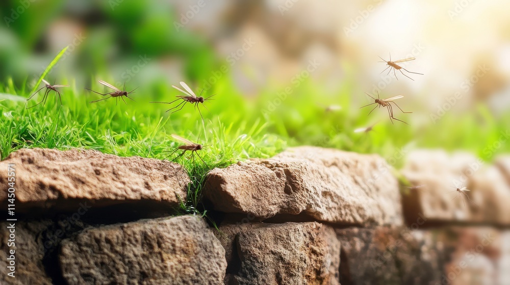 Close-up View of Mosquitoes Flying Above Lush Green Grass on a Stone Wall in a Natural Environment during Golden Hour Lighting Close-up View of Mosquitoes Flying Above Lush Green Grass on a Stone Wall in a Natural Environment during Golden Hour Lighting