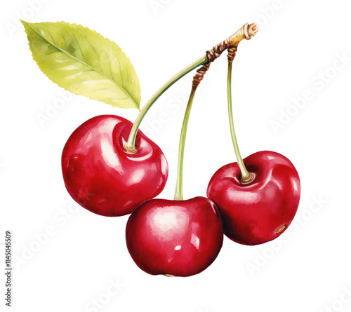 Watercolor cherry drawing on transparent background in PNG format, perfect for creative projects and graphic