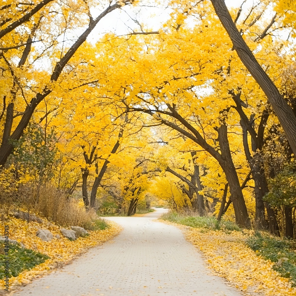Fototapeta premium A serene pathway lined with vibrant yellow trees in autumn.