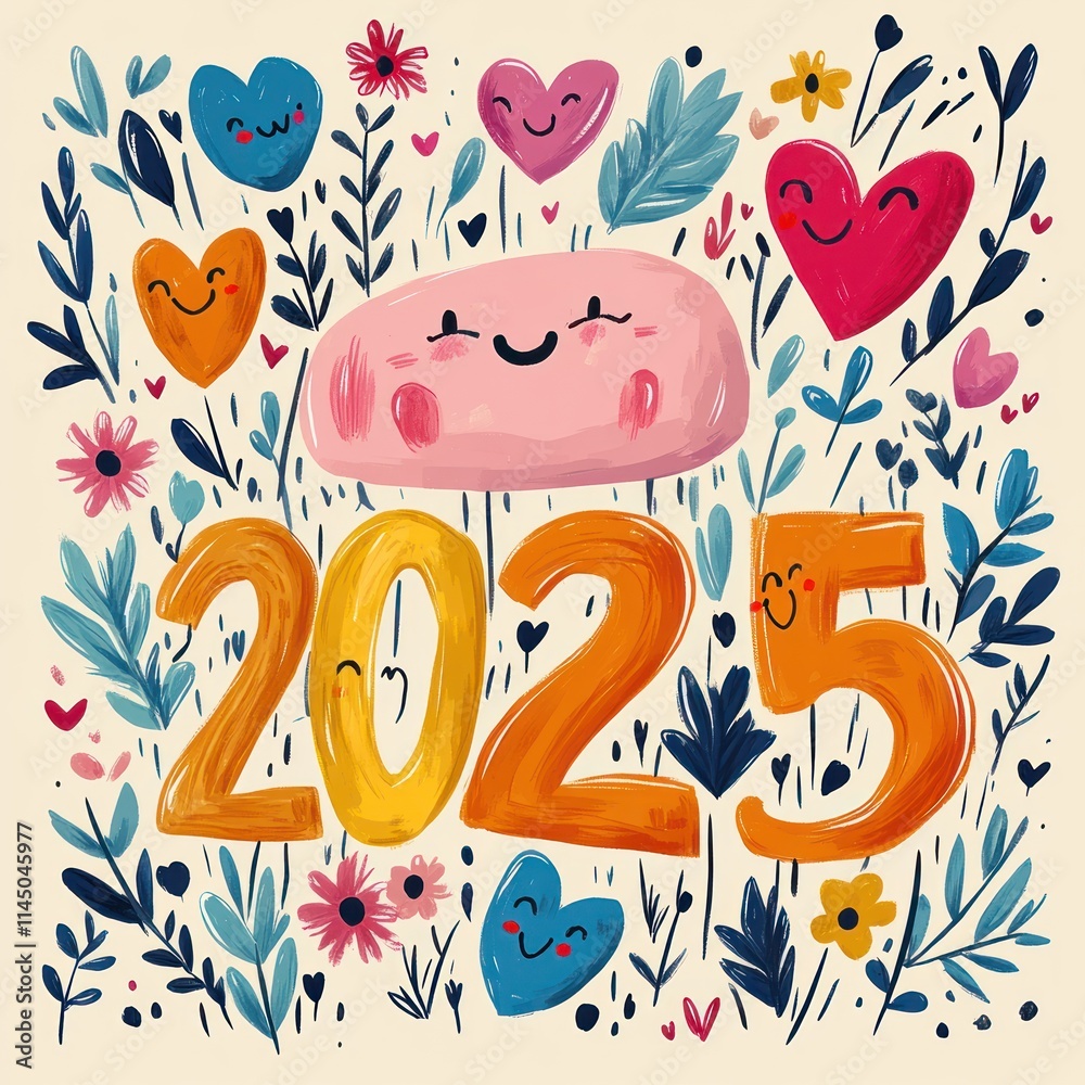 A colorful illustration celebrating the year 2025 with cheerful elements and floral designs. A colorful illustration celebrating the year 2025 with cheerful elements and floral designs.
