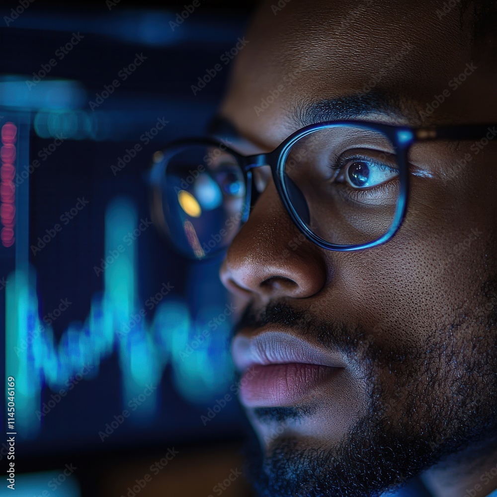 IT Professional in Glasses Working with Digital Data and Graphs on Computer Screen IT Professional in Glasses Working with Digital Data and Graphs on Computer Screen