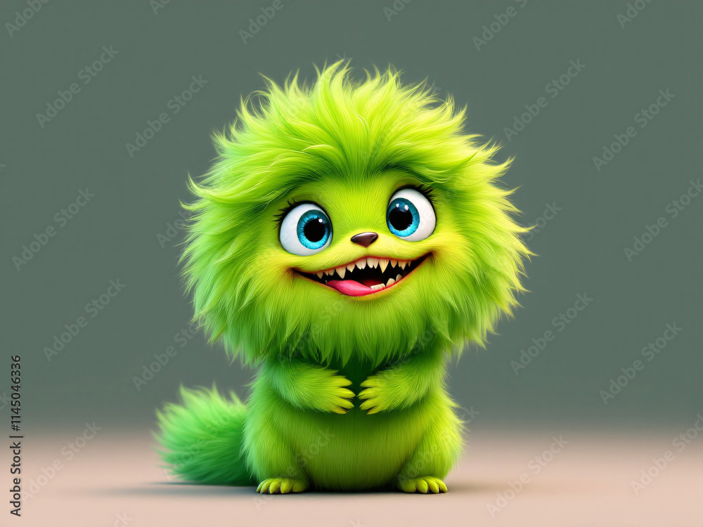 Cute green furry monster with big eyes and a wide, toothy smile, exuding a playful, cartoonish charm.