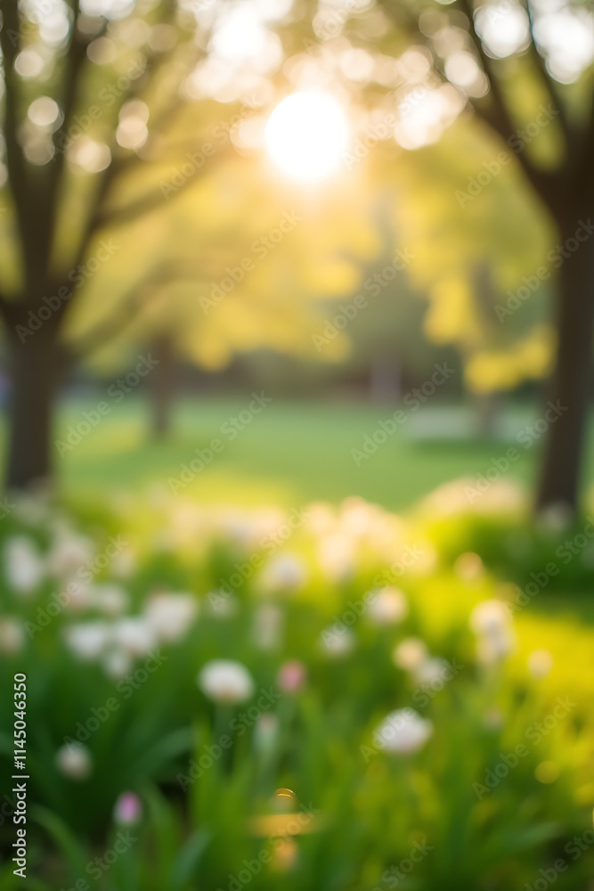 Obraz premium A blurred bokeh of a tree garden in a morning setting conveys a sense of spring and natural beauty concepts._00002_