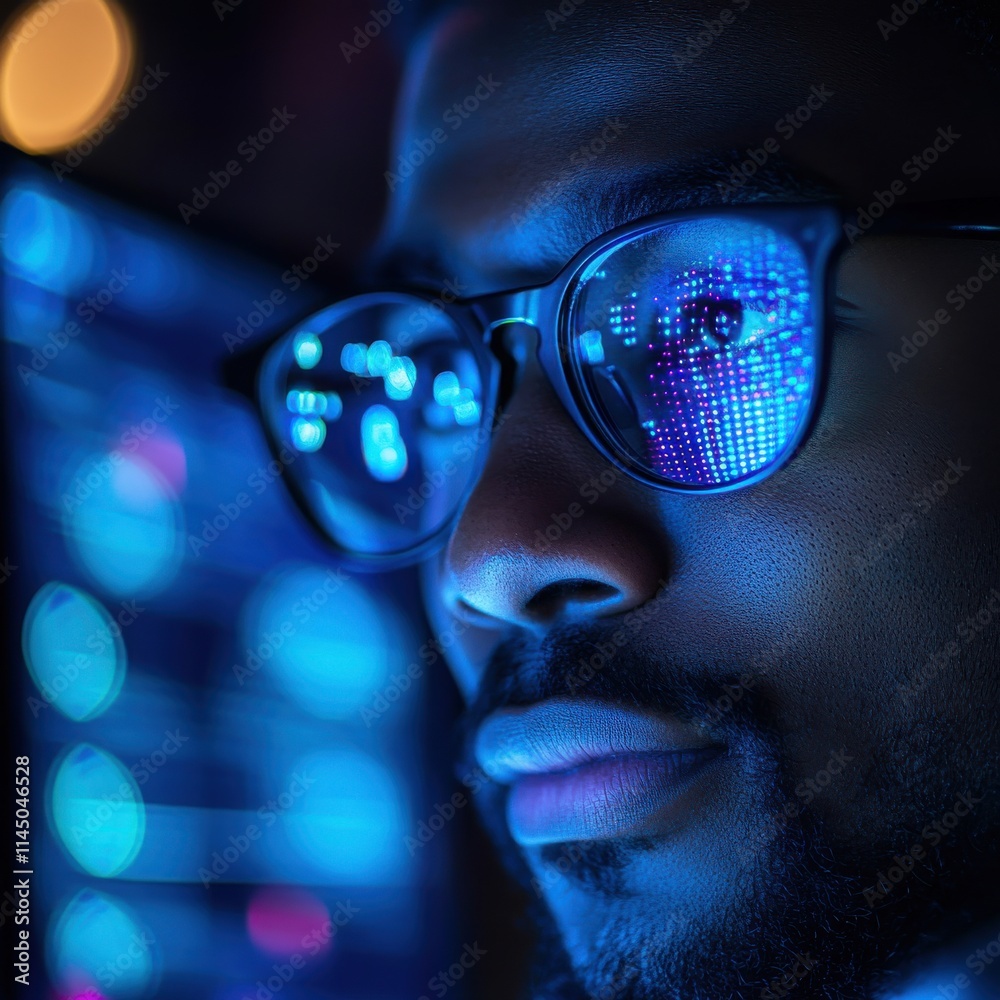 IT Professional in Glasses Working with Digital Data and Graphs on Computer Screen IT Professional in Glasses Working with Digital Data and Graphs on Computer Screen