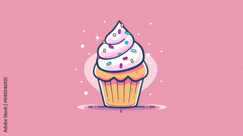 Delicious cupcake with swirl frosting and sprinkles on pink background. Delicious cupcake with swirl frosting and sprinkles on pink background.