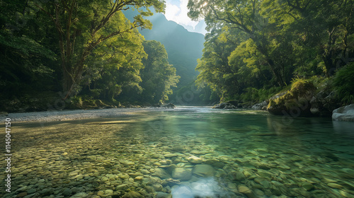 Crystal-clear river flowing through lush green forest
