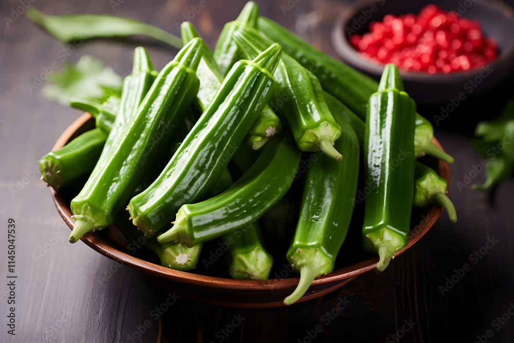 Fresh Harvest: A Beautiful Display of Vibrant and Glossy Okra (Bhindi) vegetables on a Rustic wooden Background Fresh Harvest: A Beautiful Display of Vibrant and Glossy Okra (Bhindi) vegetables on a Rustic wooden Background
