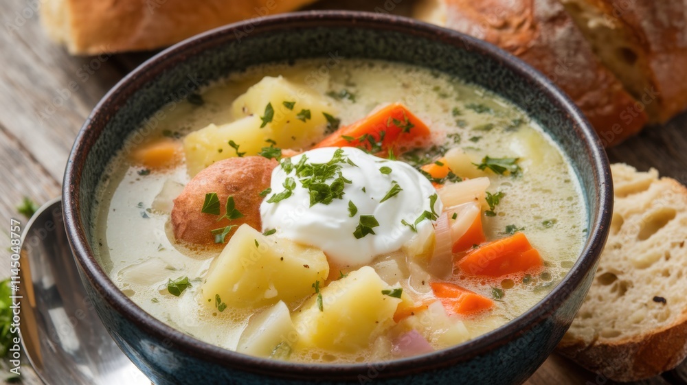 A plate of homemade potato soup with pieces of potatoes, carrots and onions in creamy broth. Top with chopped parsley and sour cream. We put a slice of crusty bread next to the plate. A plate of homemade potato soup with pieces of potatoes, carrots and onions in creamy broth. Top with chopped parsley and sour cream. We put a slice of crusty bread next to the plate.