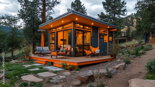 A cozy modern tiny house with a large porch and outdoor seating area nestled in the woods.