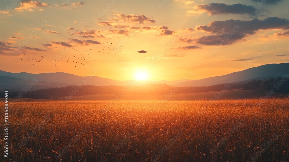 UFO over a wheat field at sunset.