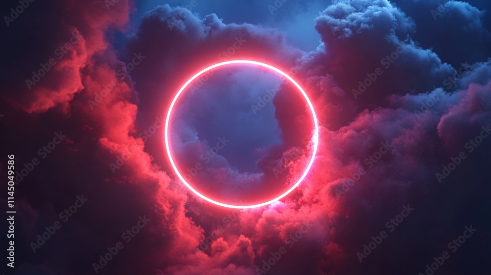 A vibrant neon circle glows amidst dramatic clouds in shades of blue and pink. A vibrant neon circle glows amidst dramatic clouds in shades of blue and pink.