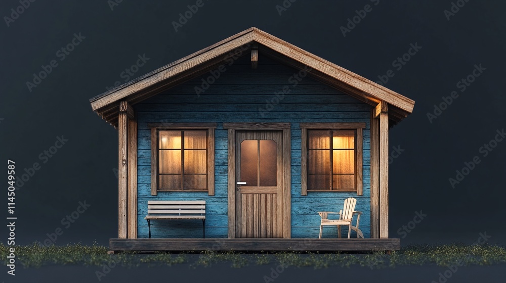 A small blue wooden house with a porch and two chairs on it. A small blue wooden house with a porch and two chairs on it.