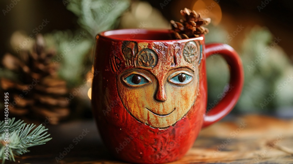 A whimsical, handcrafted ceramic mug with a smiling face, surrounded by pinecones and greenery, evoking a cozy, festive atmosphere. A whimsical, handcrafted ceramic mug with a smiling face, surrounded by pinecones and greenery, evoking a cozy, festive atmosphere.