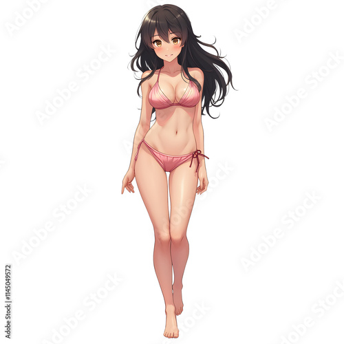 Anime girl in pink bikini standing on an isolated transparent background.