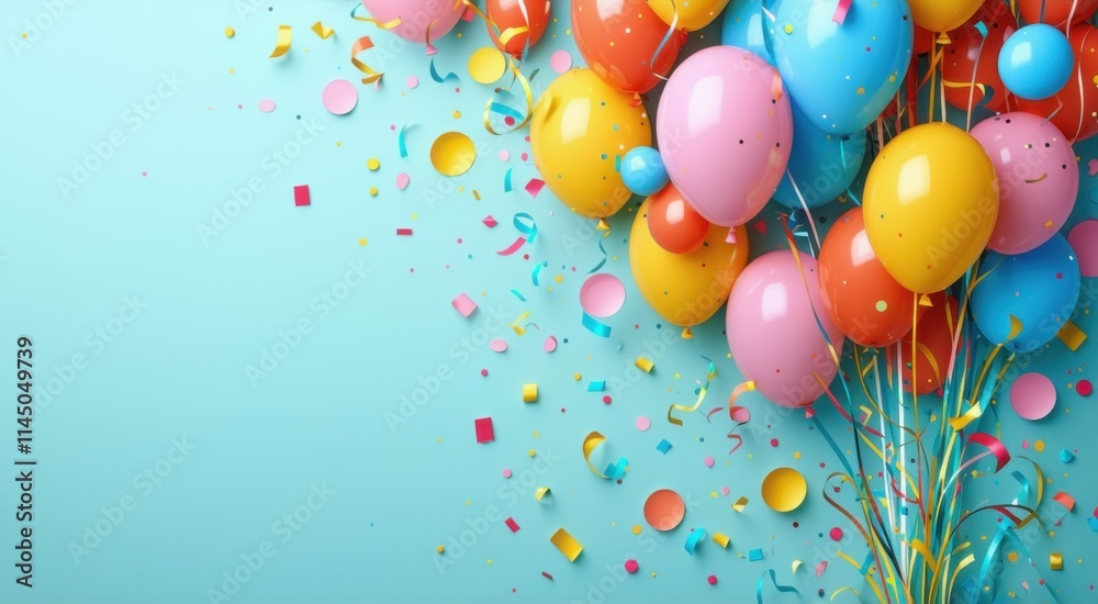 Balloons and confetti are scattered on a blue background Balloons and confetti are scattered on a blue background