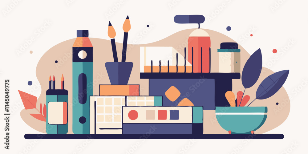 Fototapeta premium Colorful vector illustration of various stationery items and tools arranged artistically on a light background