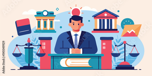 Lawyer reviewing legal documents at a desk with scales and courthouse in background during a sunny day