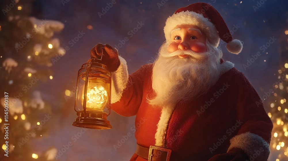 Obraz premium A cheerful Santa Claus in a red suit holds a glowing lantern, set against a snowy backdrop adorned with twinkling lights.