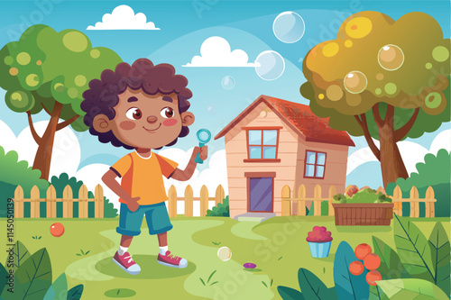 Colorful vector illustration of a child blowing bubbles in a sunny backyard with blooming flowers and a small house in the background