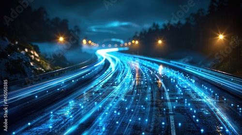 A futuristic highway illuminated by glowing blue lights, creating a dynamic night scene.