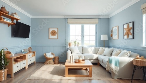 A cozy coastal-themed studio living room with pale blue skirting boards  natural wood furniture  and soft textiles like linen and cotton