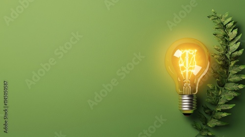 Green Energy Light Bulb with Fern on Green Background