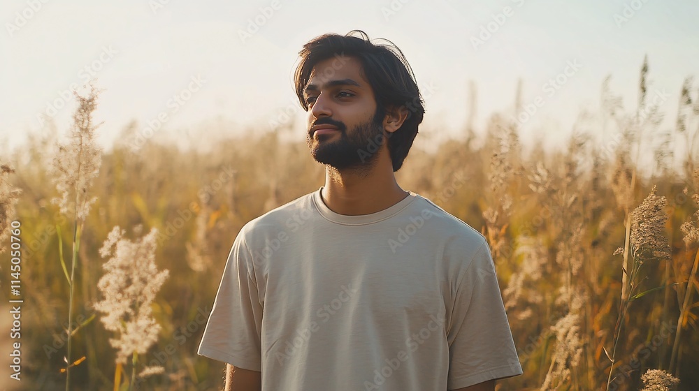 A young South Asian man stands peacefully in a sunlit field, surrounded by tall grasses, with a thoughtful expression. A young South Asian man stands peacefully in a sunlit field, surrounded by tall grasses, with a thoughtful expression.