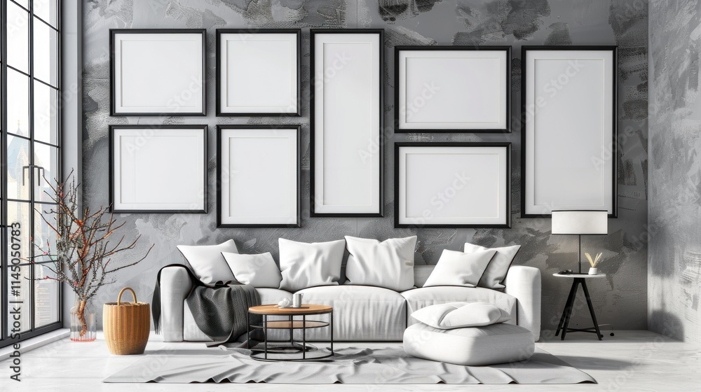 Photo frames on the wall, in a luxurious and minimalist interior with random background Photo frames on the wall, in a luxurious and minimalist interior with random background