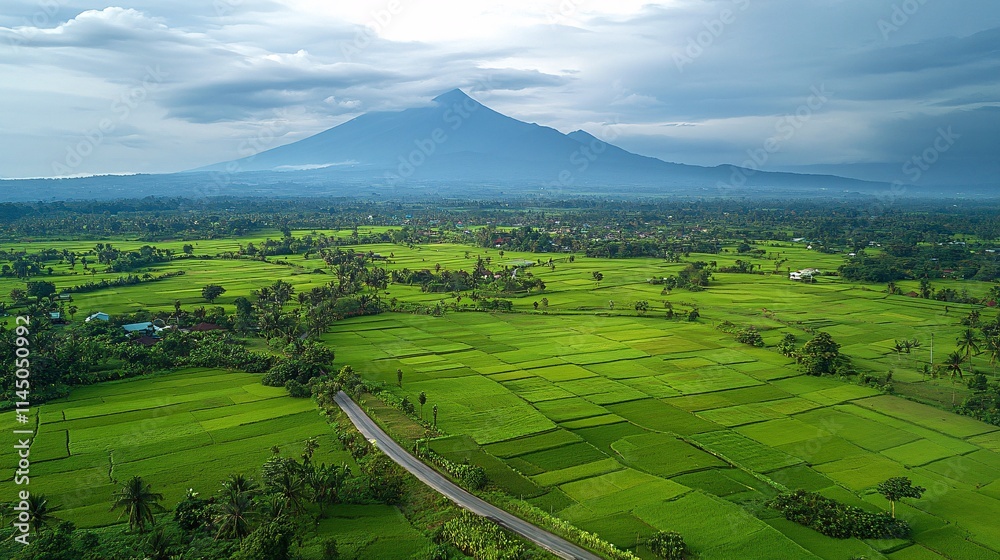 Fototapeta premium A breathtaking aerial view of lush green rice fields with majestic mountains in the background under a cloudy sky.