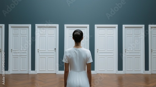 Woman Facing Multiple Doors Choices Decisions Opportunities