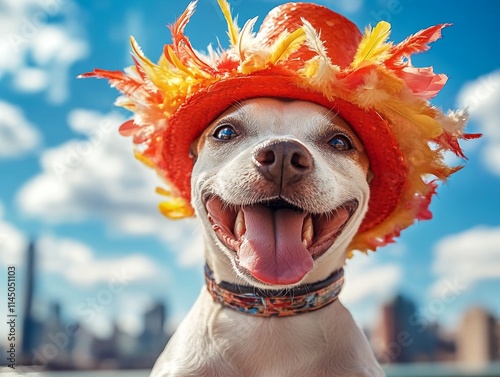 Smiling Jack Russell terrier dog wearing an orange and yellow feathered hat. photo