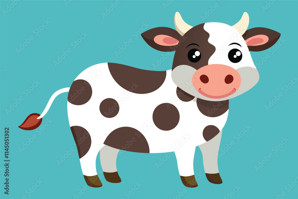 Happy cartoon cow with spots standing on a purple background ready for a fun farm adventure Happy cartoon cow with spots standing on a purple background ready for a fun farm adventure