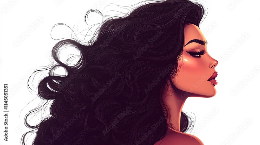 Profile of a young Latina woman with flowing black hair, showcasing her striking features and confident expression. Profile of a young Latina woman with flowing black hair, showcasing her striking features and confident expression.