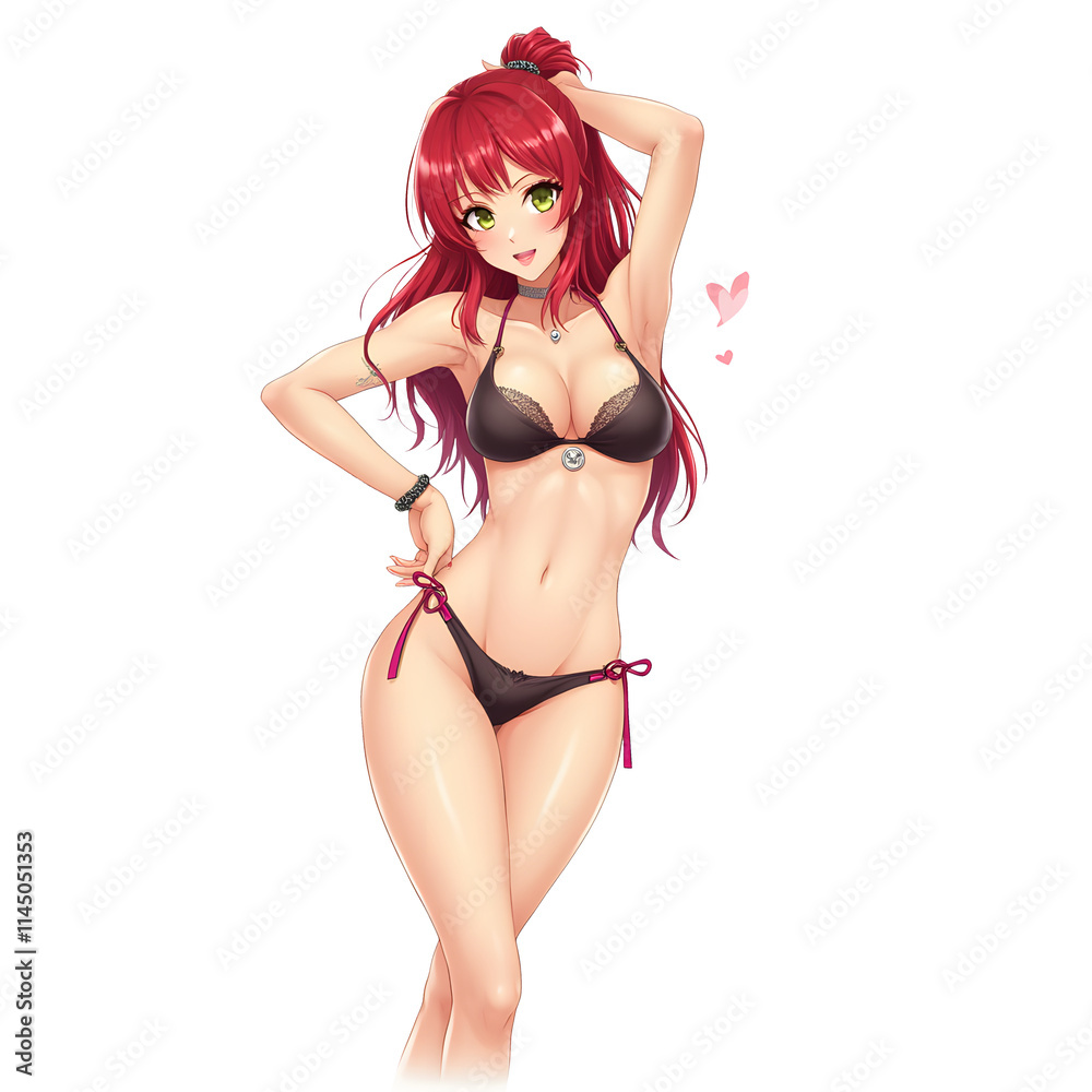 Fototapeta premium Redhead anime girl in black bikini posing on an isolated transparent background.