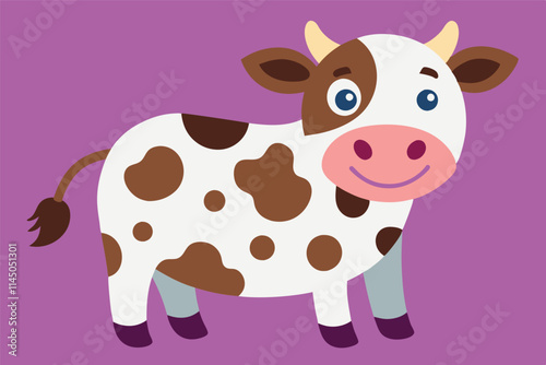 Happy cartoon cow with spots standing on a purple background ready for a fun farm adventure