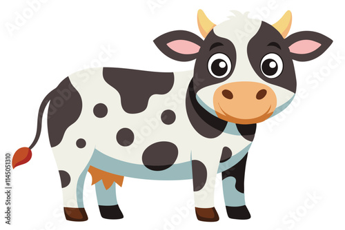 Happy cartoon cow with spots standing on a purple background ready for a fun farm adventure