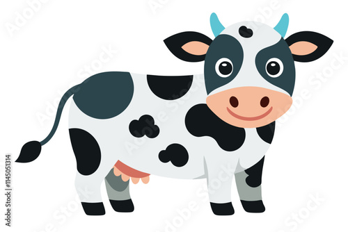 Happy cartoon cow with spots standing on a purple background ready for a fun farm adventure