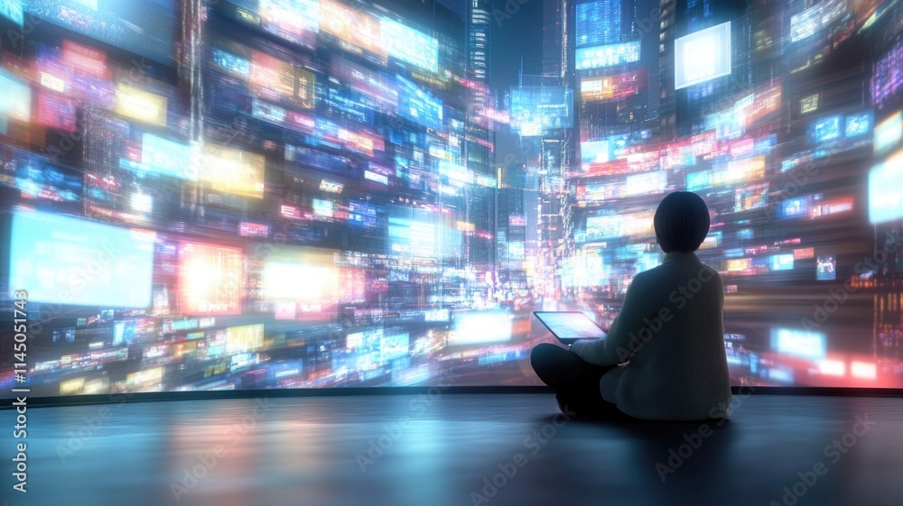Digital overload concept with person in futuristic cityscape for technology awareness Digital overload concept with person in futuristic cityscape for technology awareness