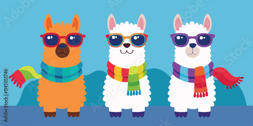 Llamas wearing sunglasses and colorful scarves against a blue backdrop with mountains and cheerful expression