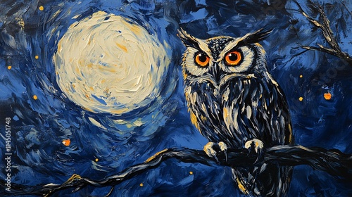 A majestic owl perched on a branch under a luminous moonlit sky, exuding an air of wisdom and mystery. photo